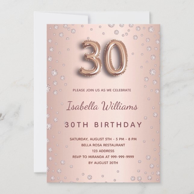 30th birthday rose gold diamonds script glamorous invitation (Front)