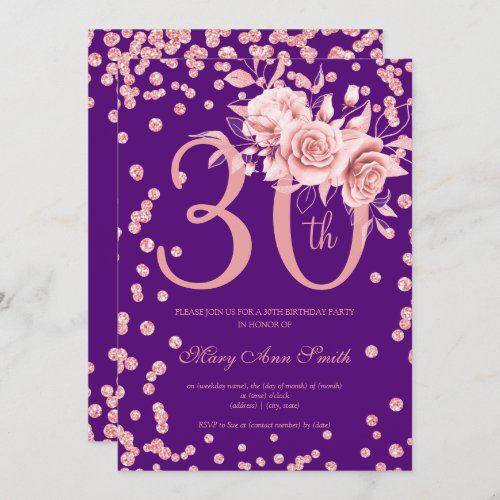 30th Birthday Rose Gold Floral  Confetti Purple  Invitation