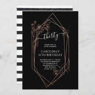 30th Birthday Rose Gold Geometric Black Invitation