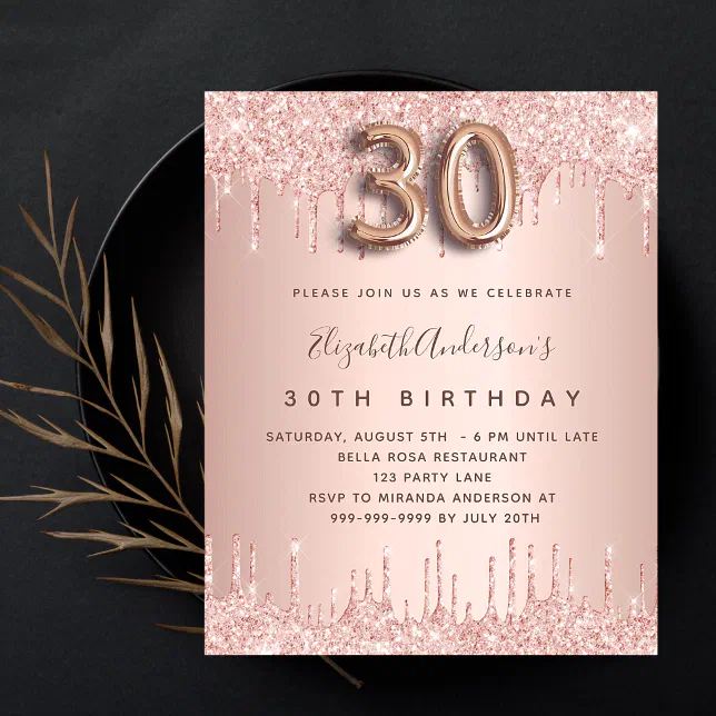 30th birthday rose gold glitter budget invitation flyer | Zazzle