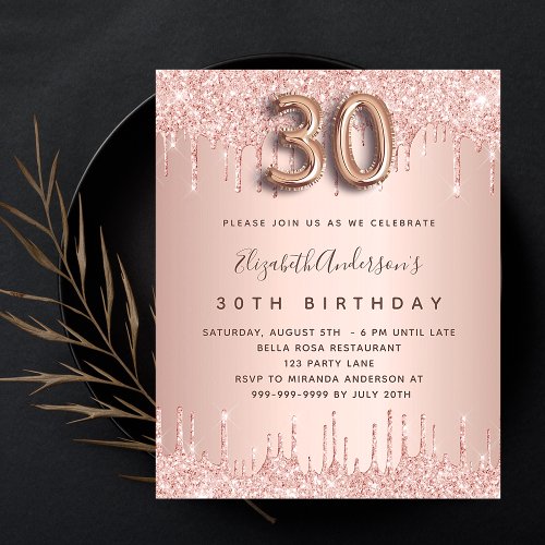 30th birthday rose gold glitter budget invitation flyer