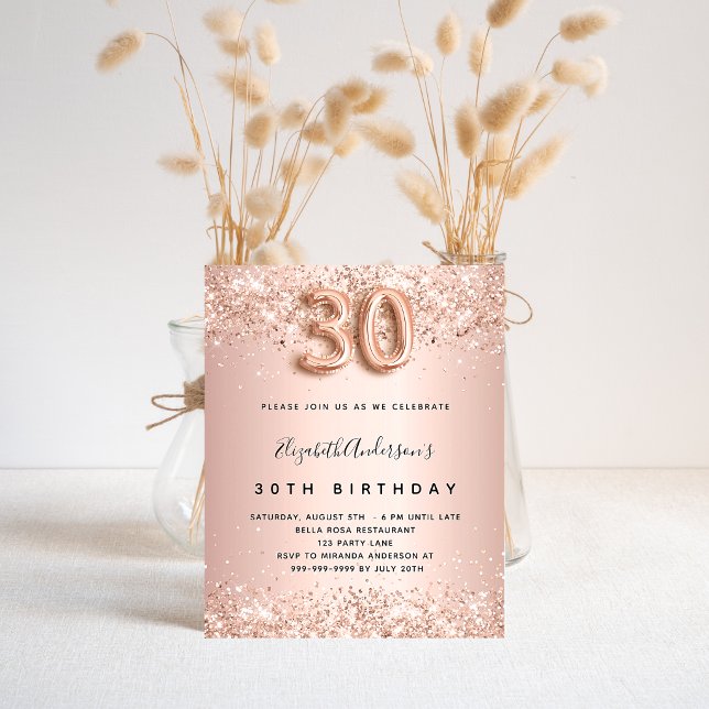 30th birthday rose gold glitter budget invitation flyer