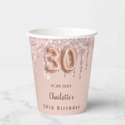 30th birthday rose gold glitter drips monogram paper cups