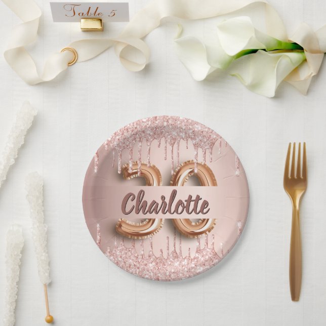 30th birthday rose gold glitter drips name paper plates (Wedding)