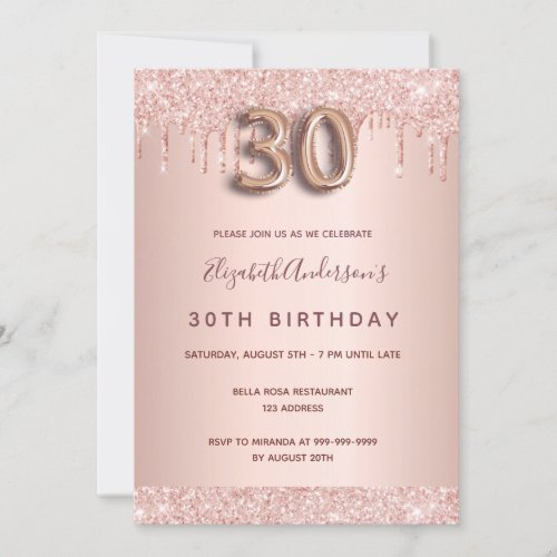 30th birthday rose gold glitter drips pink glam invitation