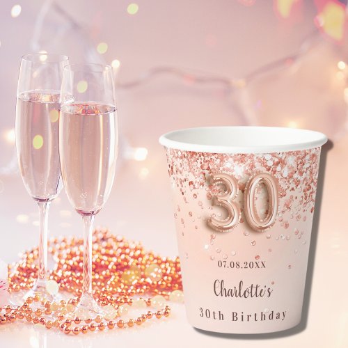 30th birthday rose gold glitter monogram name paper cups