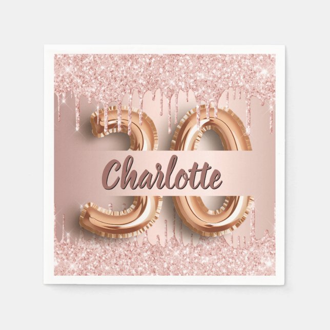 30th birthday rose gold glitter name napkins (Front)