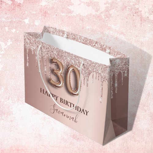 30th birthday rose gold glitter pink balloon style large gift bag