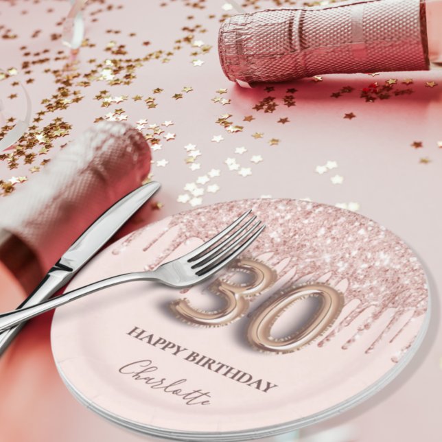 30th birthday rose gold glitter pink balloon style paper plates (Creator Uploaded)