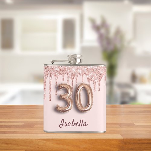 30th birthday rose gold glitter pink friends flask