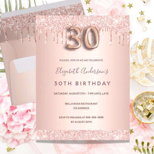 30th birthday rose gold glitter pink invitation postcard