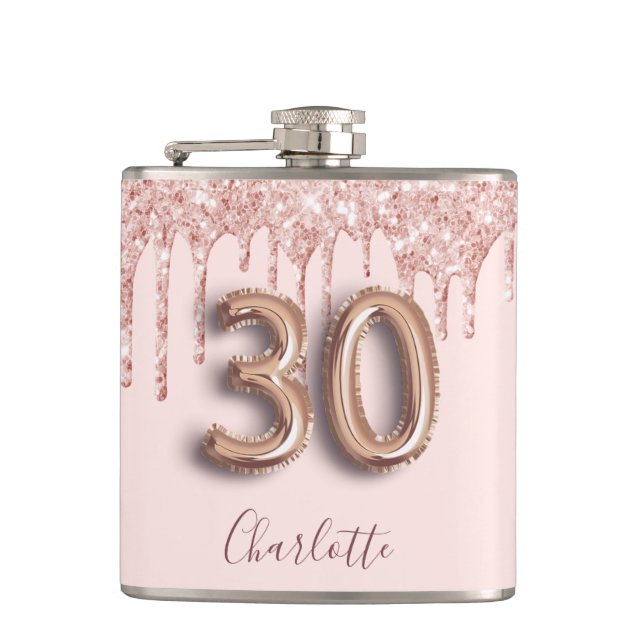30th birthday rose gold glitter pink monogram glam flask (Front)