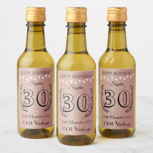 30th Birthday Rose Gold Mini Wine Bottle Labels