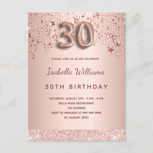 30th birthday rose gold pink balloon script stars postcard