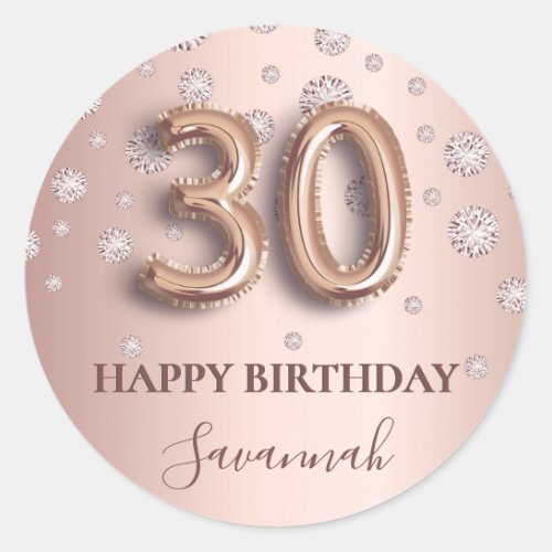 30th birthday rose gold pink diamonds name classic round sticker