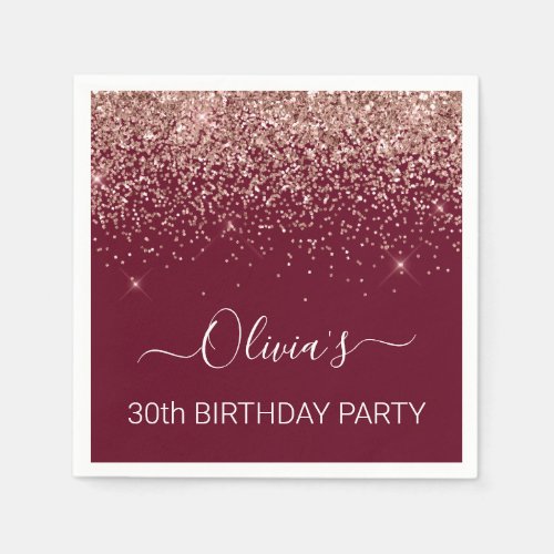 30th Birthday Rose Gold  Pink Glitter Burgundy Napkins