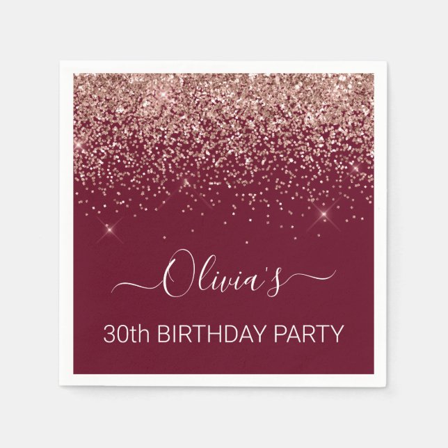 30th Birthday Rose Gold  Pink Glitter Burgundy Napkins (Front)