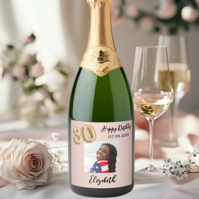 30th Birthday rose gold pink photo Sparkling Wine Label (Creator Uploaded)