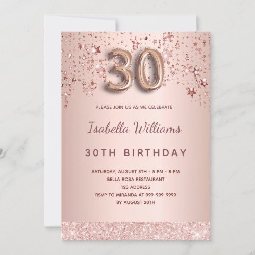 30th birthday rose gold pink stars balloon script invitation