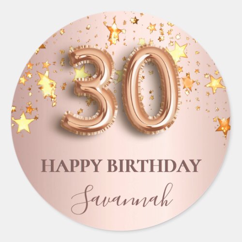 30th birthday rose gold stars pink balloon font classic round sticker