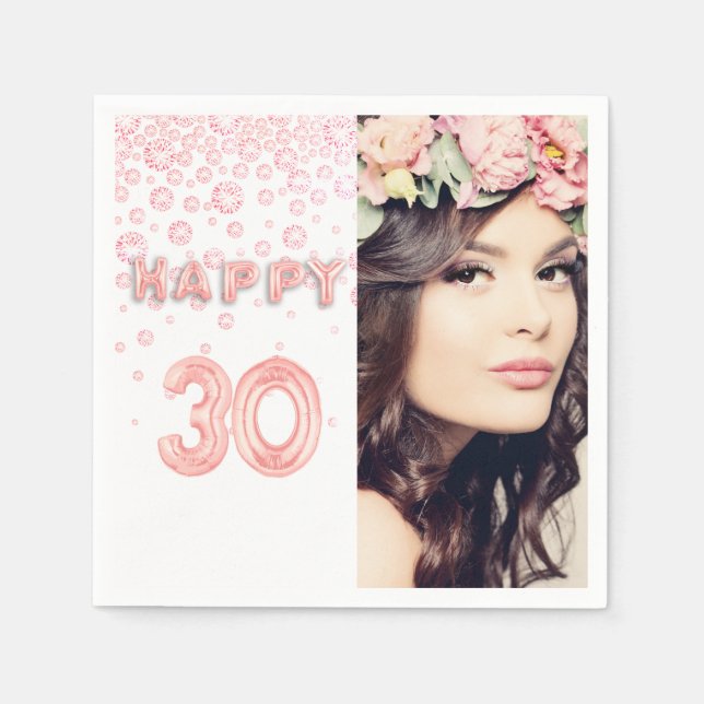 30th birthday rose gold white photo napkins (Front)