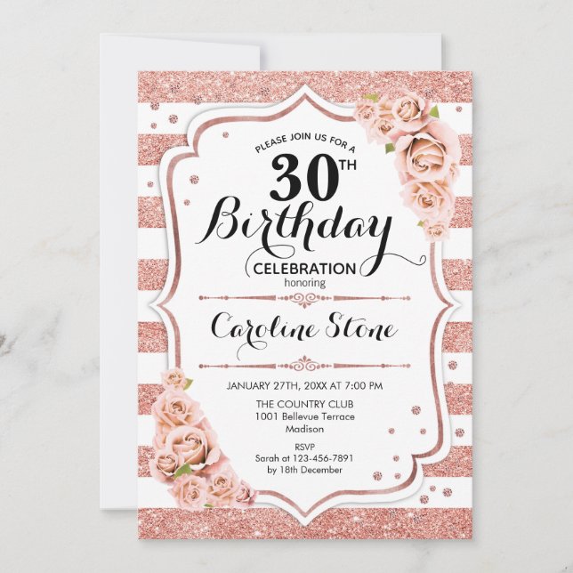 30th Birthday -  Rose Gold White Stripes Invitation (Front)
