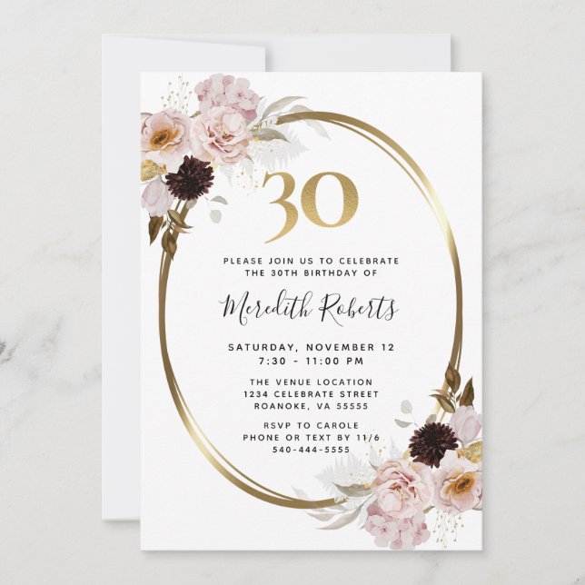 30th Birthday Roses Gold Metallic Floral Party Invitation (Front)