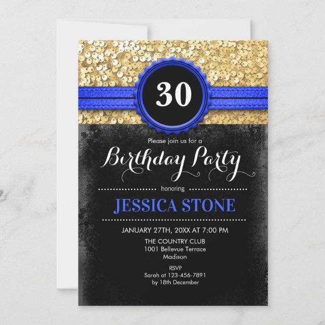 30th Birthday - Royal Blue Black Gold - ANY YEAR Invitation (Front)