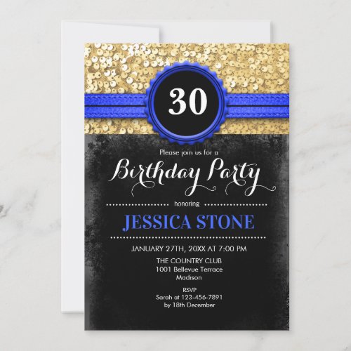 30th Birthday _ Royal Blue Black Gold _ ANY YEAR Invitation