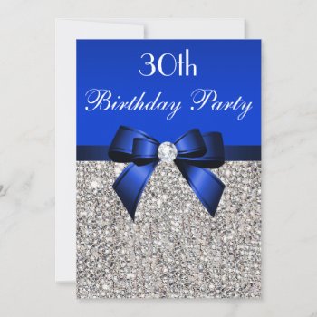 30th Birthday Royal Blue Bow Silver Sequins Invitation by AJ_Graphics at Zazzle