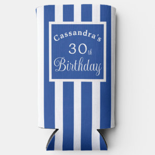30th Birthday Royal Blue Stripe Classy Seltzer Can Cooler