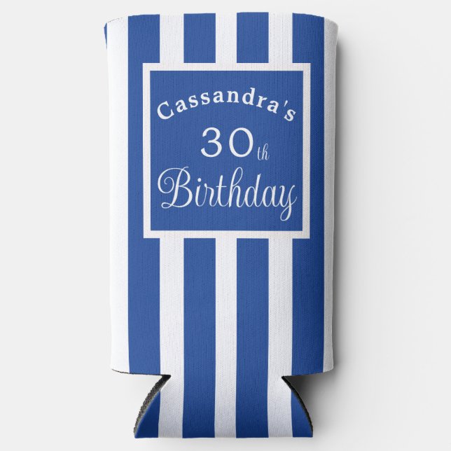 30th Birthday Royal Blue Stripe Classy Seltzer Can Cooler (Front)