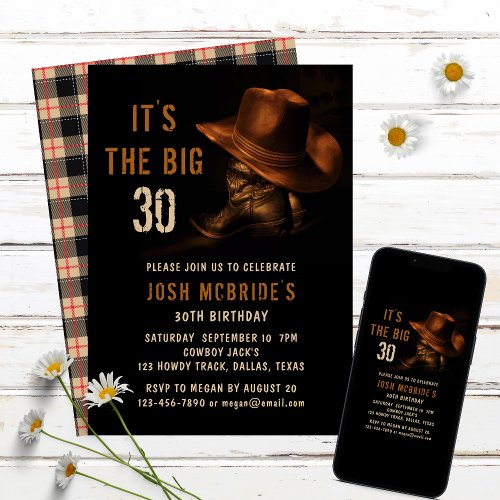 30th Birthday Rustic Cowboy Hat and Leather Boots Invitation