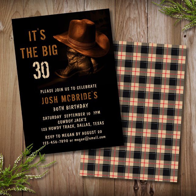 30th Birthday Rustic Cowboy Hat and Leather Boots Invitation (Creator Uploaded)