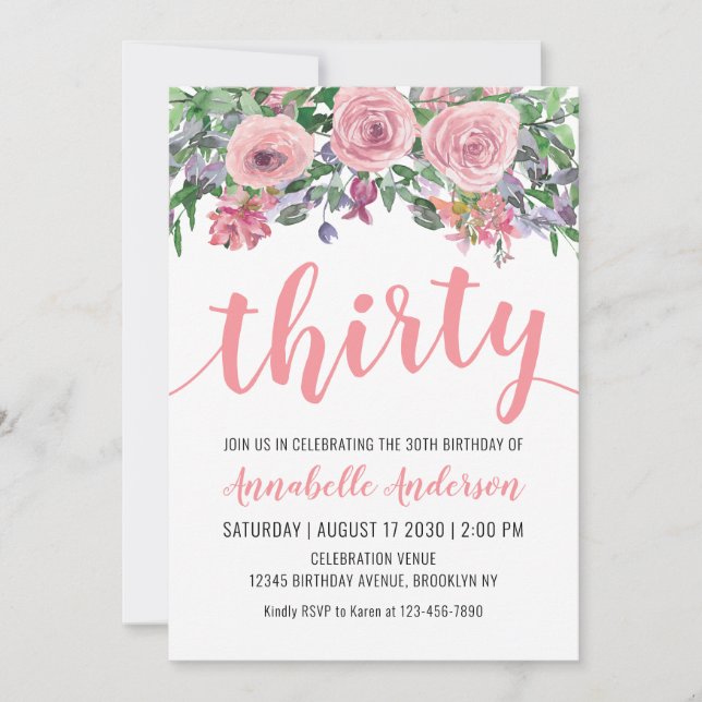 30th Birthday Rustic Floral Blush Pink Watercolor Invitation (Front)