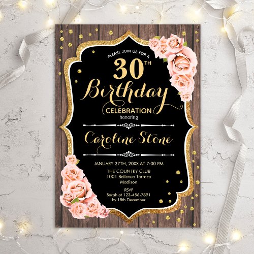 30th Birthday _ Rustic Wood Blush Roses Invitation