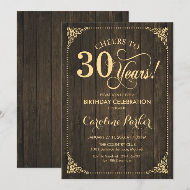 30th Birthday - Rustic Wood Gold Invitation (Front/Back)