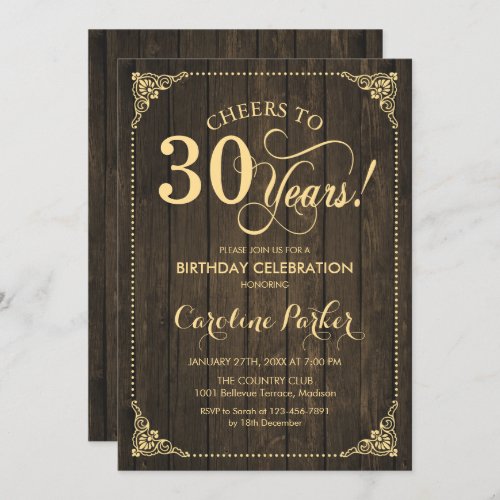 30th Birthday _ Rustic Wood Gold Invitation