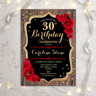 30th Birthday - Rustic Wood Red Roses Invitation