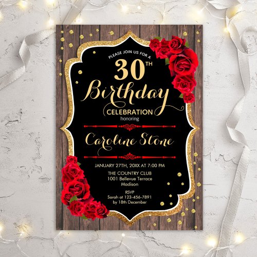 30th Birthday _ Rustic Wood Red Roses Invitation