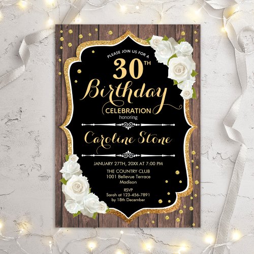 30th Birthday _ Rustic Wood White Roses Invitation