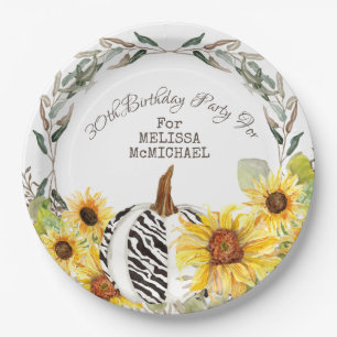 30th Birthday Rustic Zebra Pumpkin and Sunflowers Paper Plates