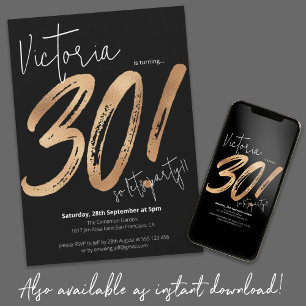 30th Birthday Script Gold Black Modern Invitation