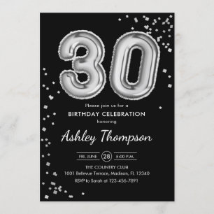 30th Birthday - Silver Balloons Black Invitation