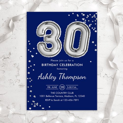 30th Birthday _ Silver Balloons Navy Invitation