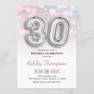 30th Birthday - Silver Balloons Pink Lights Invitation