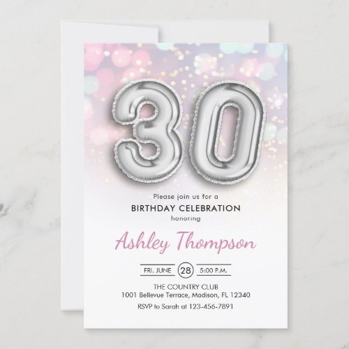 30th Birthday _ Silver Balloons Pink Lights Invitation