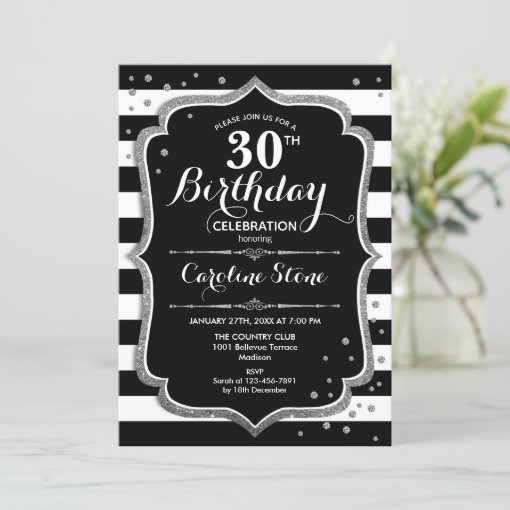 30th Birthday - Silver Black White Stripes Invitation | Zazzle