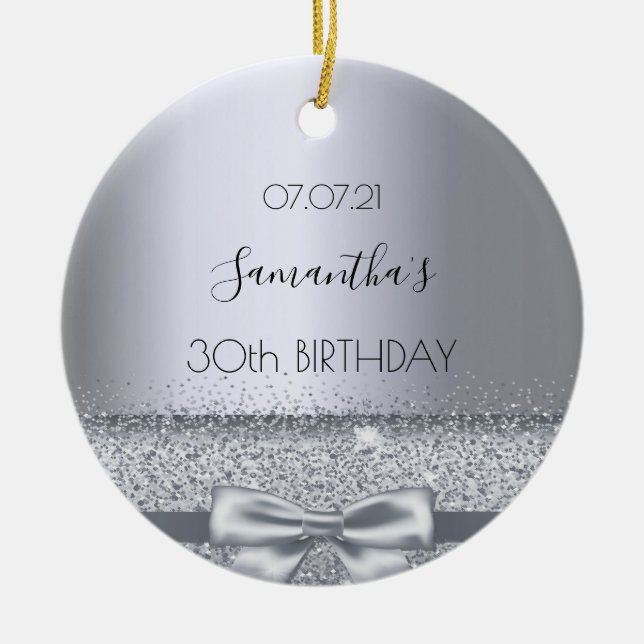 30th birthday silver bow name ceramic ornament (Front)