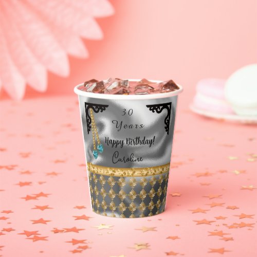 30th Birthday Silver Foil Damask Teal Gemstones Paper Cups